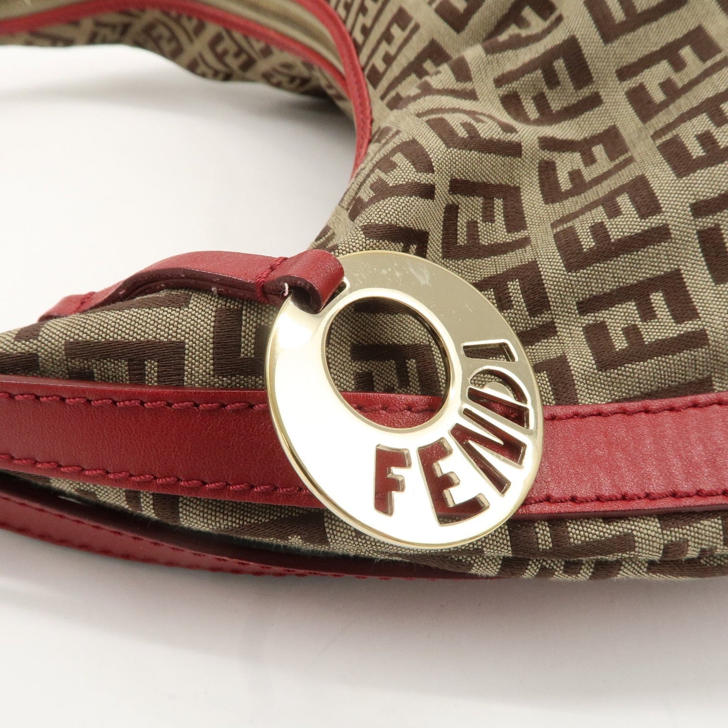 FENDI Zucchino Canvas Leather Shoulder Bag Khaki Brown Red 8BR465  d