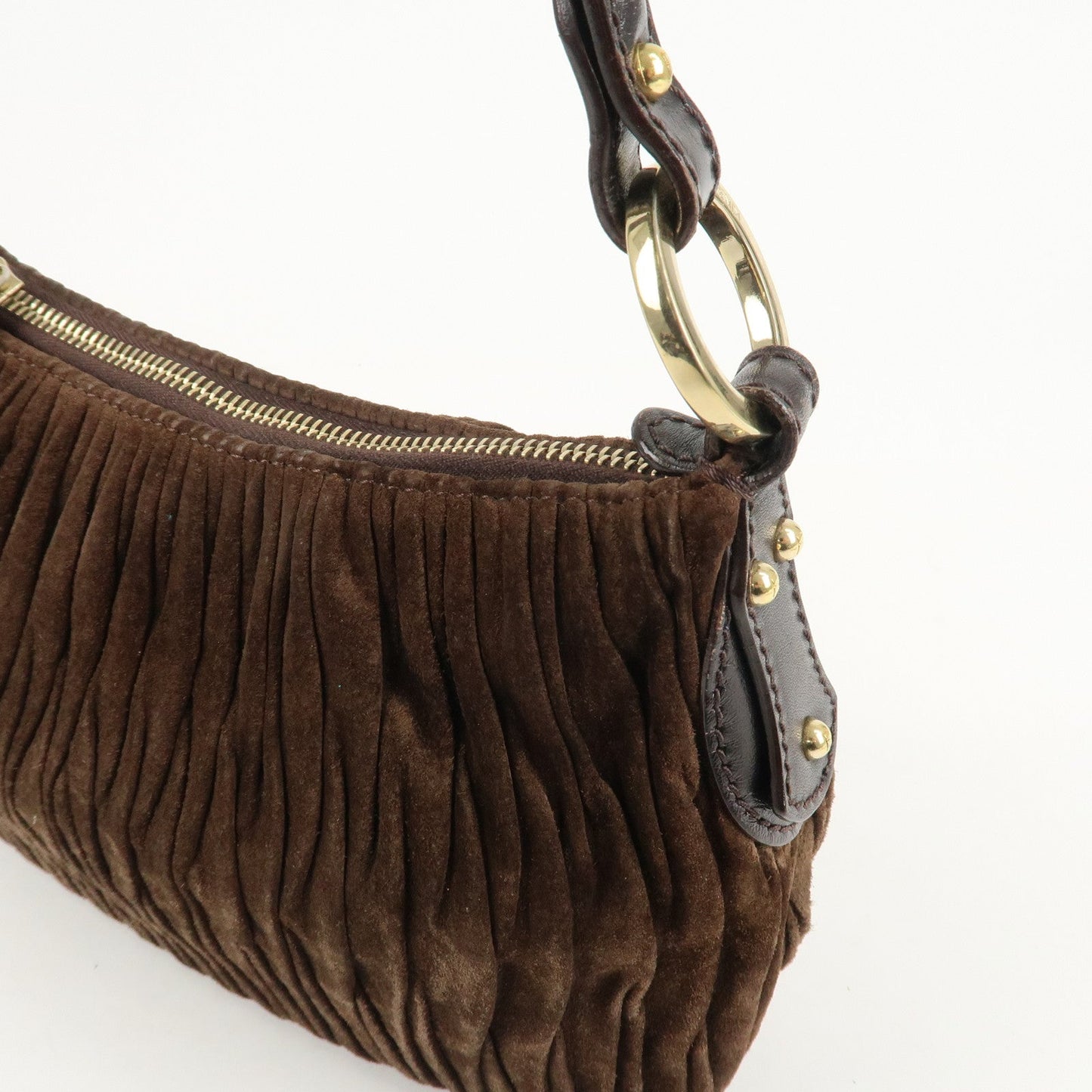 FENDI Suede Leather Gathered Shoulder Bag Dark Brown 8BR454  d