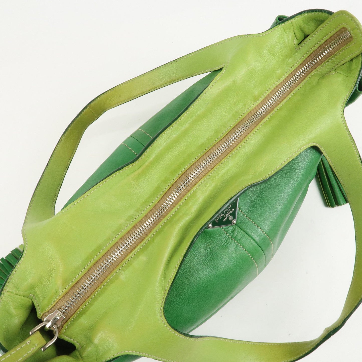 PRADA Logo Leather Tassel Shoulder Bag Hand Bag Green  d