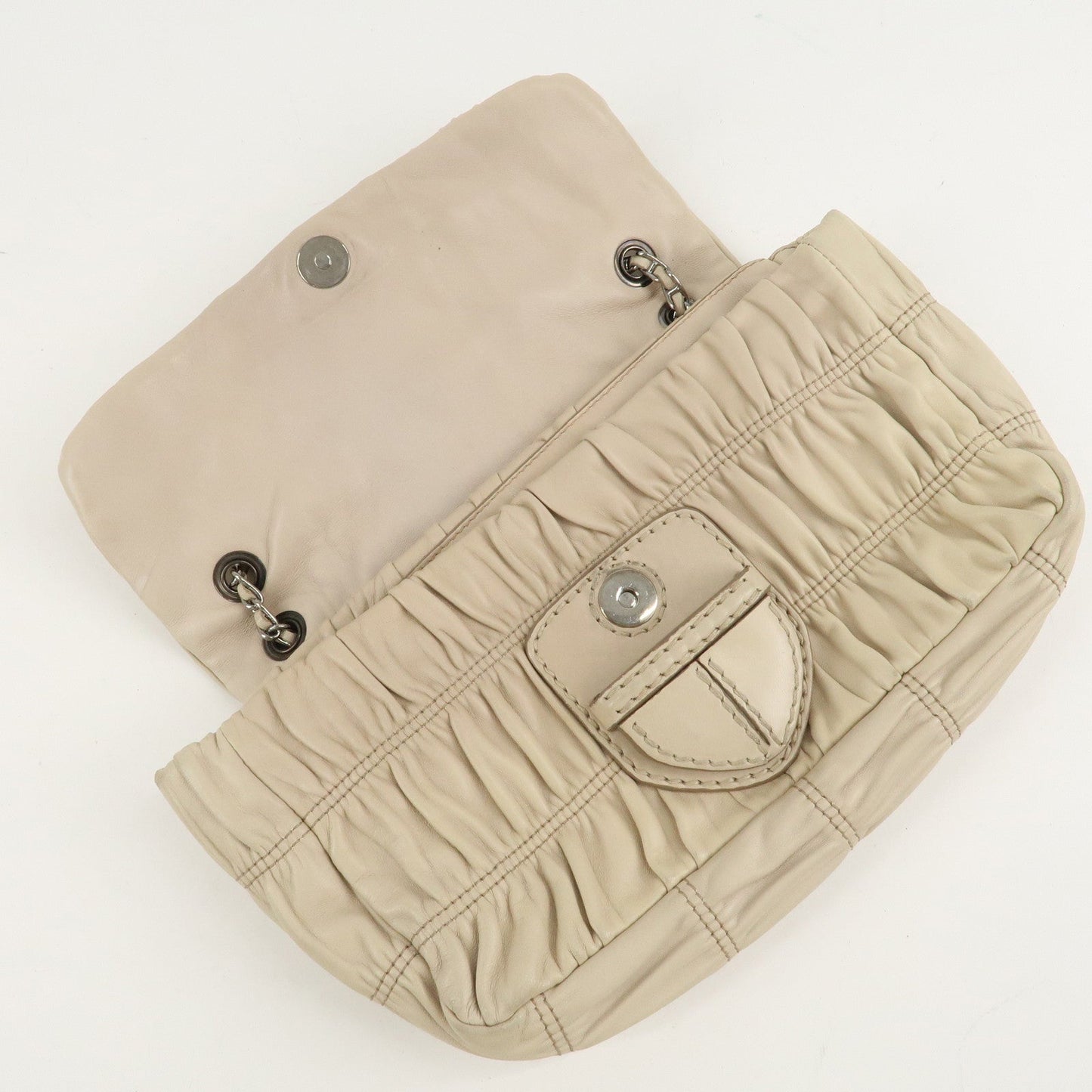 PRADA Leather Gathered Chain Shoulder Bag Ivory B4695C  d