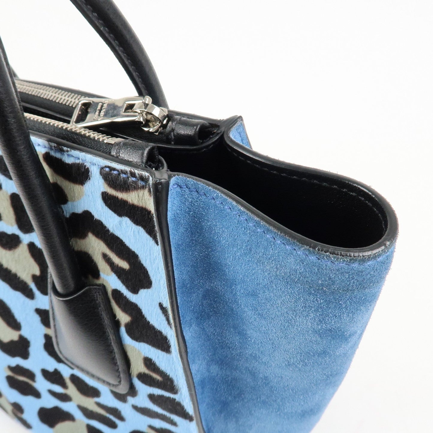 PRADA Unborn Calf Suede Leather 2Way Hand Bag Blue Black 1BA025  d