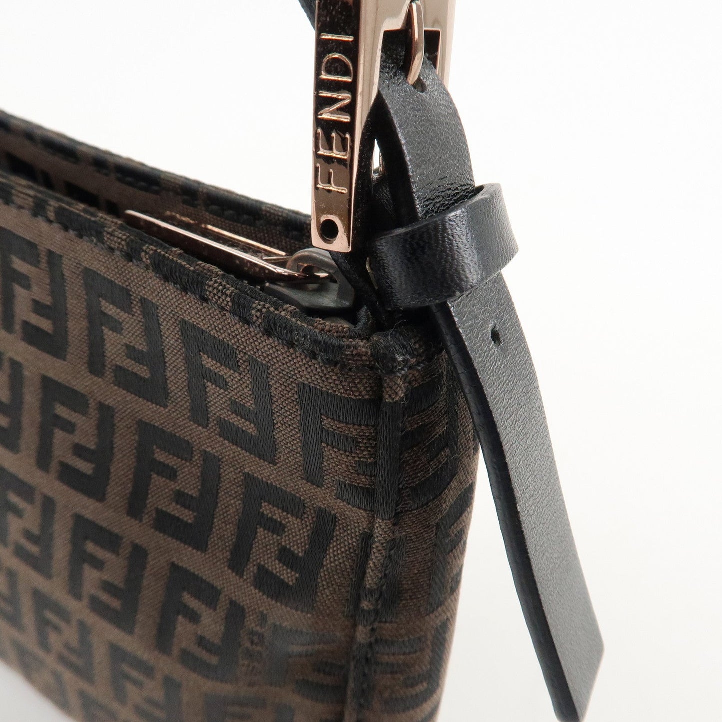 FENDI Zucchino Canvas Leather Shoulder Bag Dark Brown Black 8BR042  d