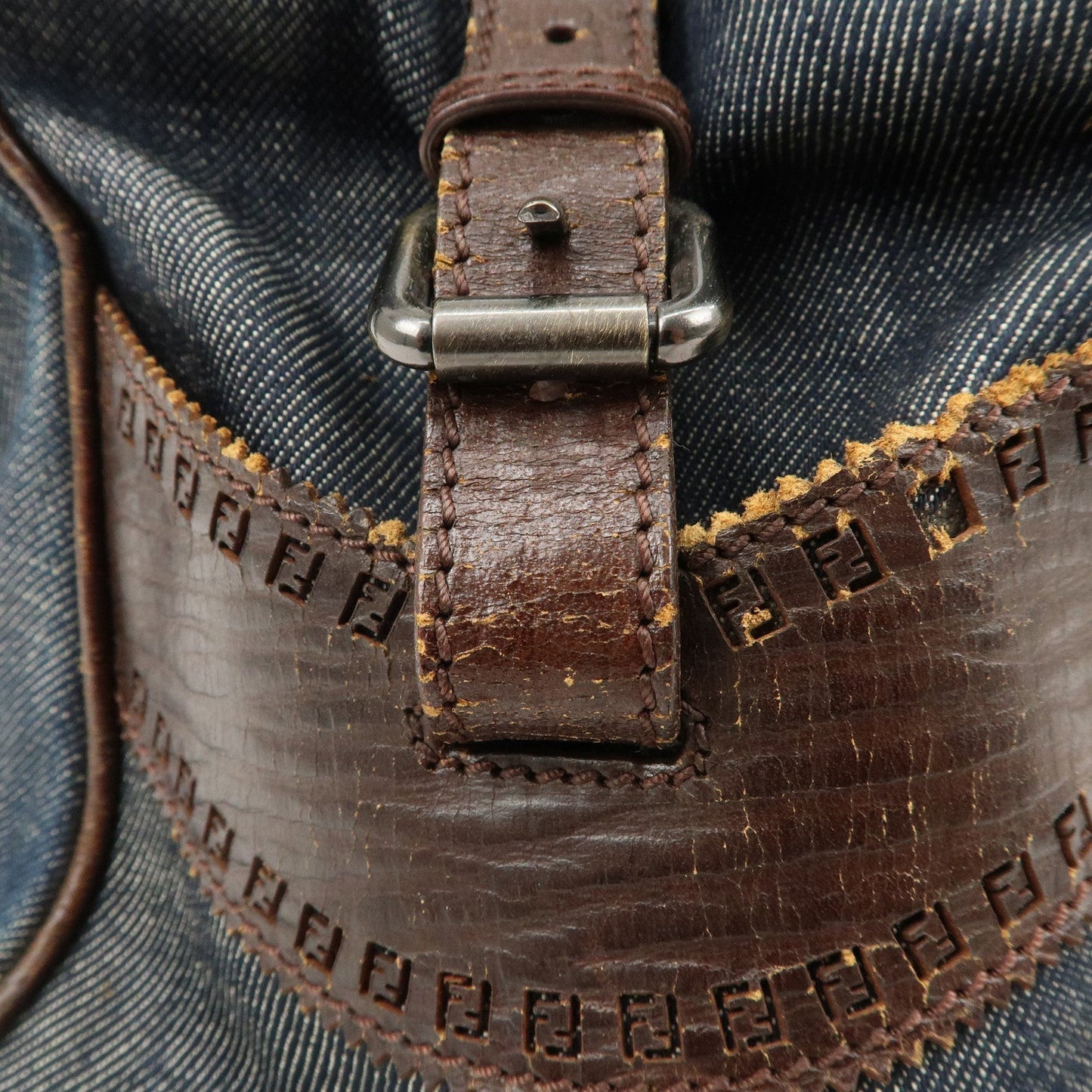 FENDI Ethnico Denim Leather Shoulder Bag Blue Brown 8BN157  d