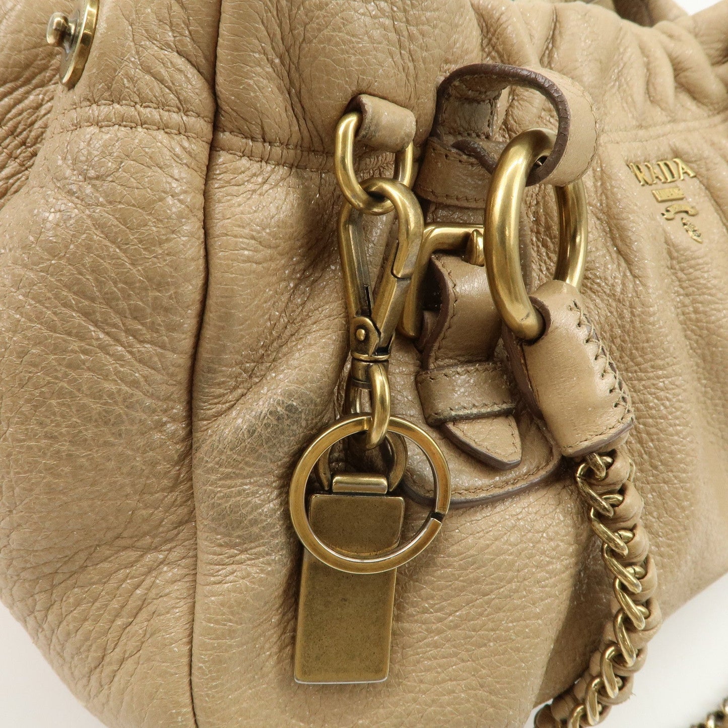PRADA Leather Chain Shoulder Bag Beige  d
