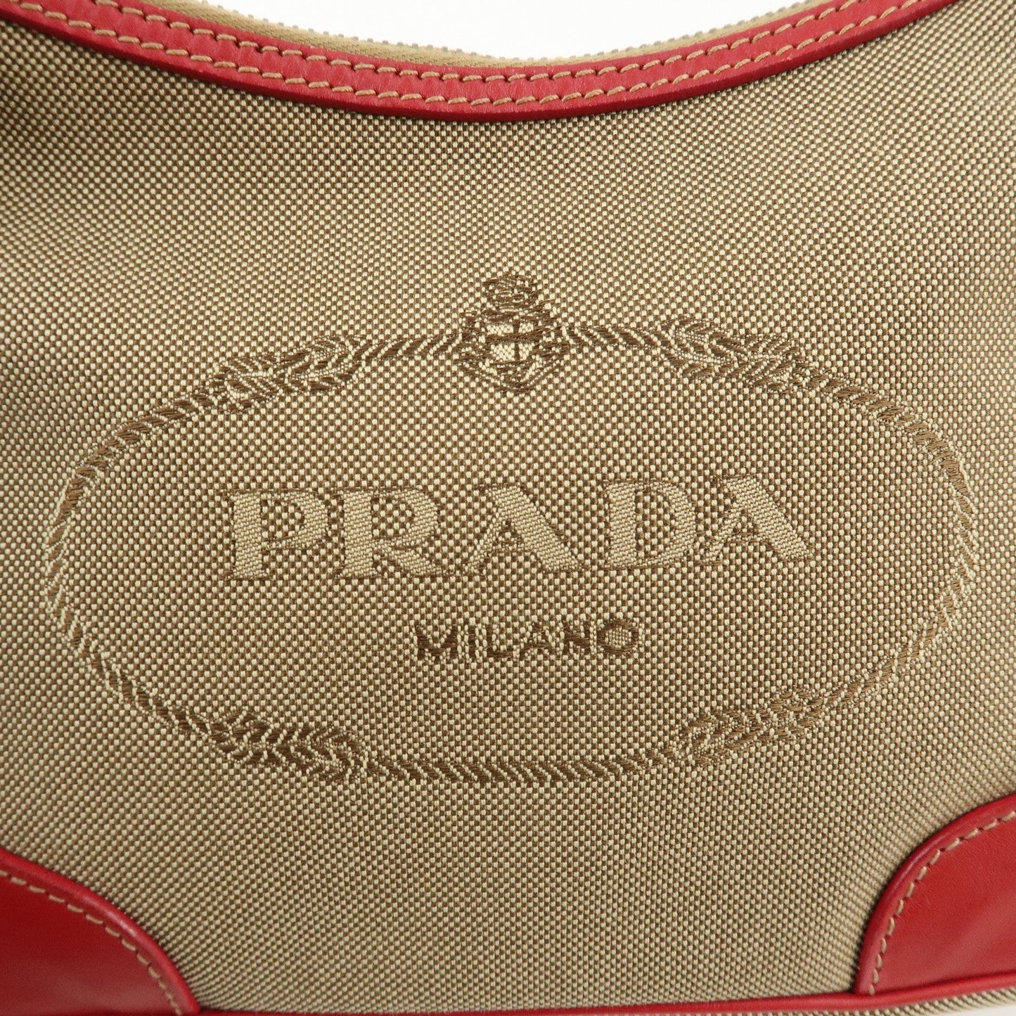 PRADA Logo Jacquard Leather Shoulder Bag Beige Red  d