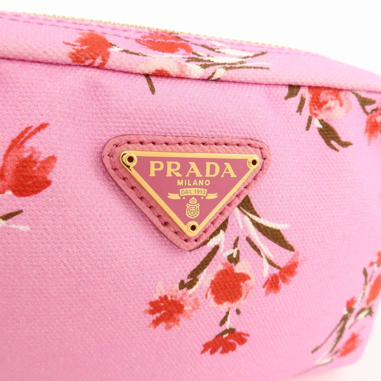 PRADA Canapa Canvas Leather Cosmetic Pouch Flower 1NA021 Pink  d