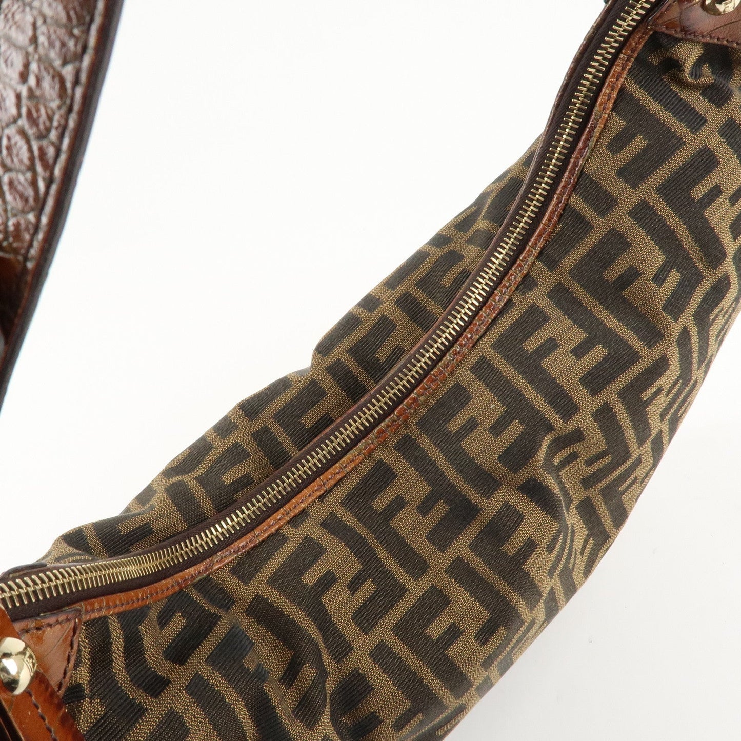 FENDI Zucca Canvas Embossed Leather Shoulder Bag Brown 8BR593  d