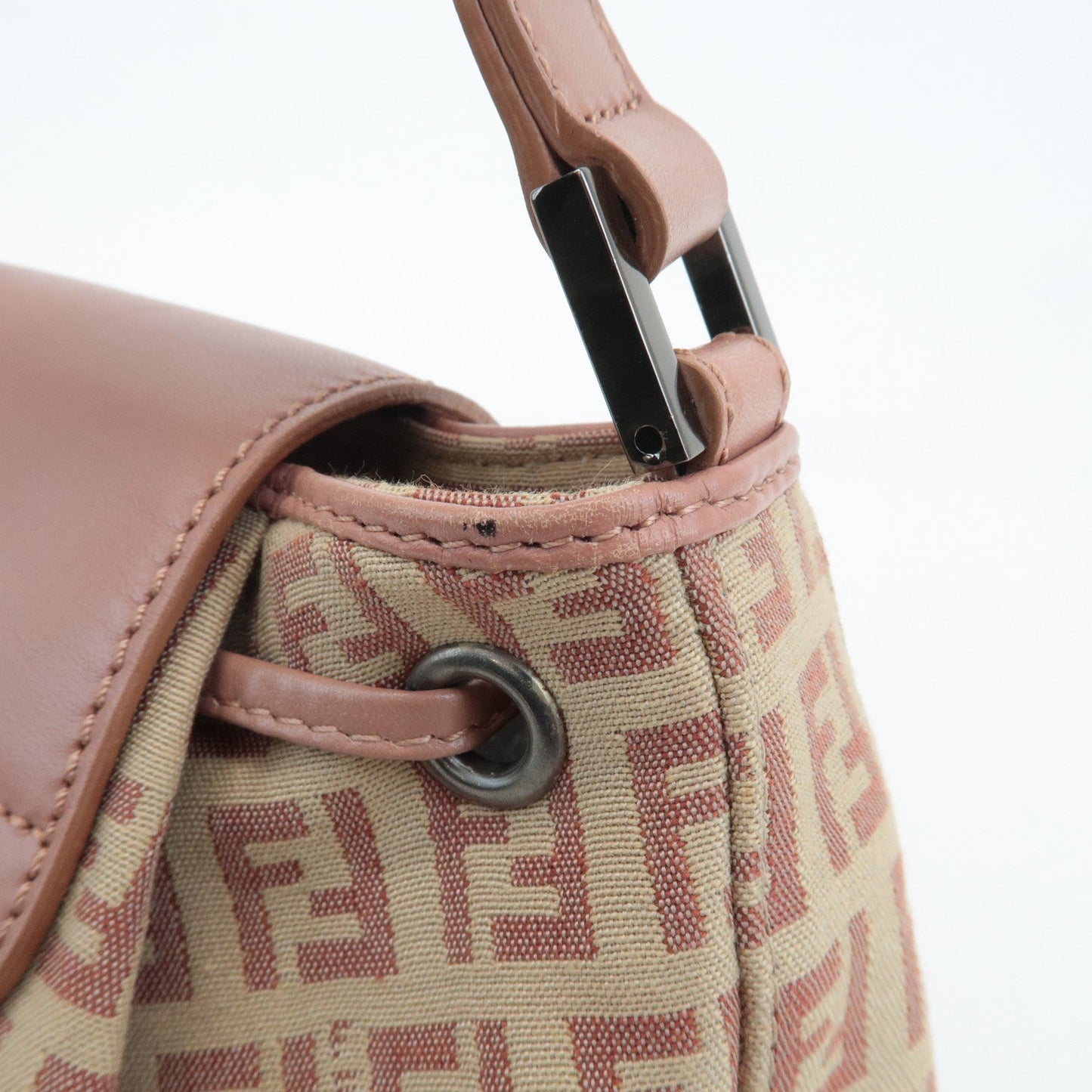 FENDI Zucchino Canvas Leather Shoulder Bag Beige Pink 8BR282  d