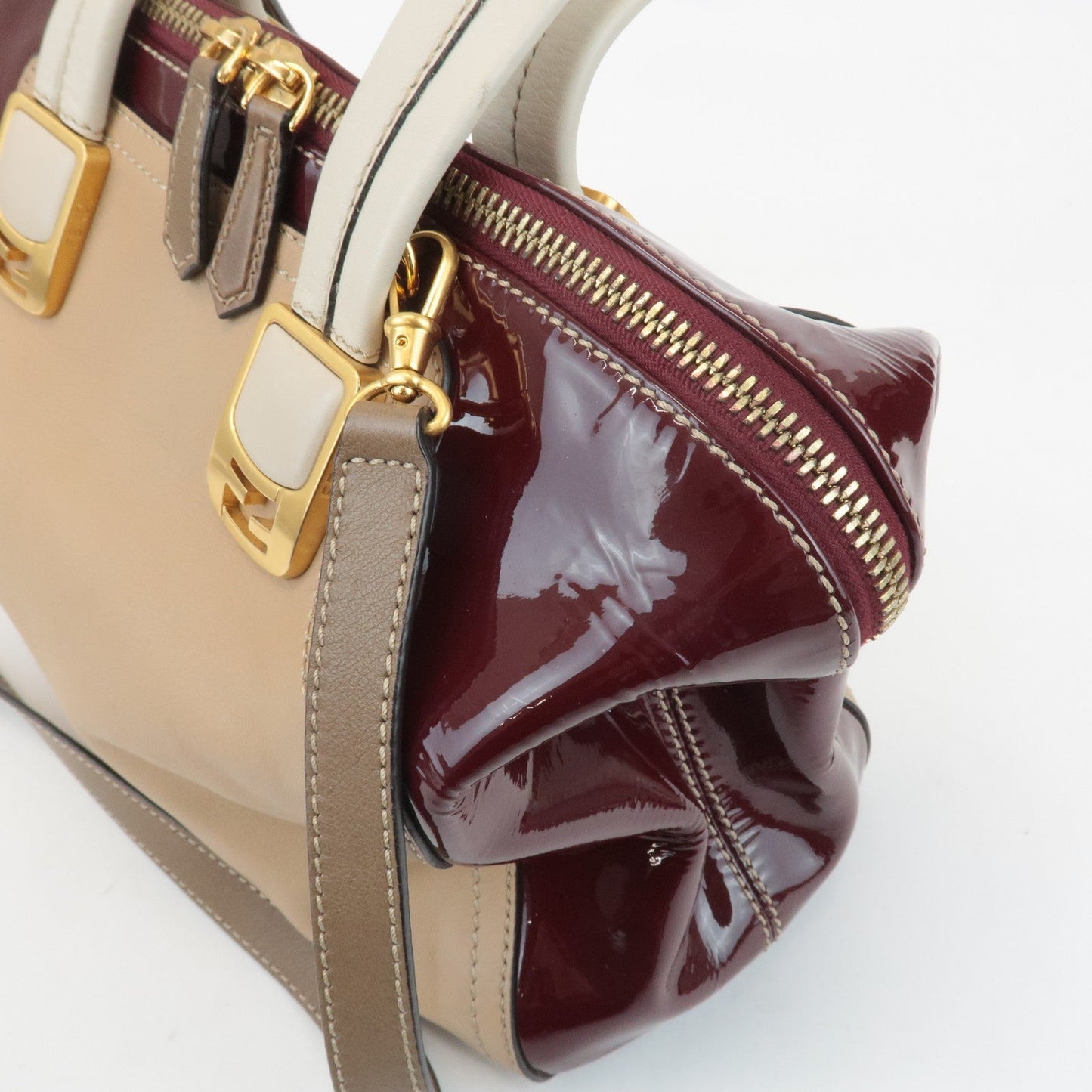 FENDI Chameleon Leather 2WAY Bag Hand Bag Beige Bordeaux 8BL114  d