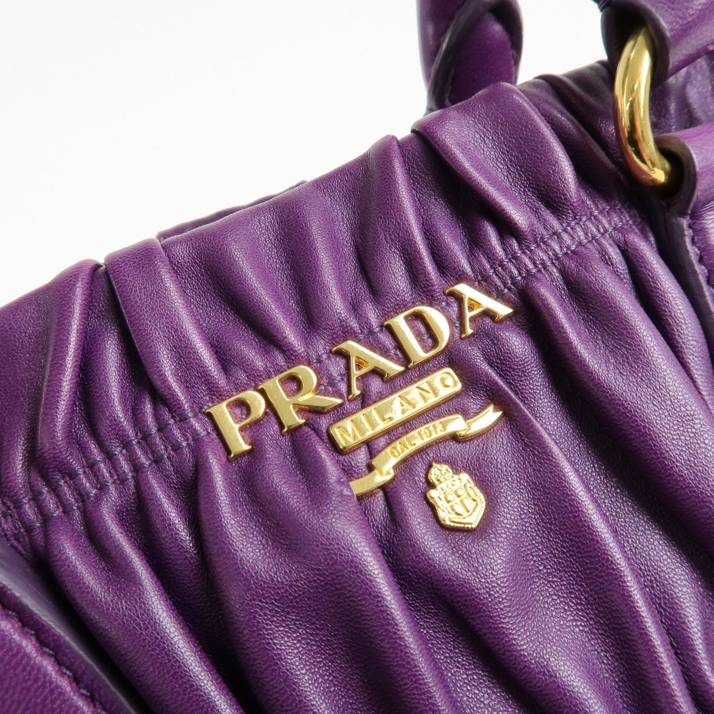 PRADA Leather Gathered Hand Bag Purple Gold Hardware BN2394  d