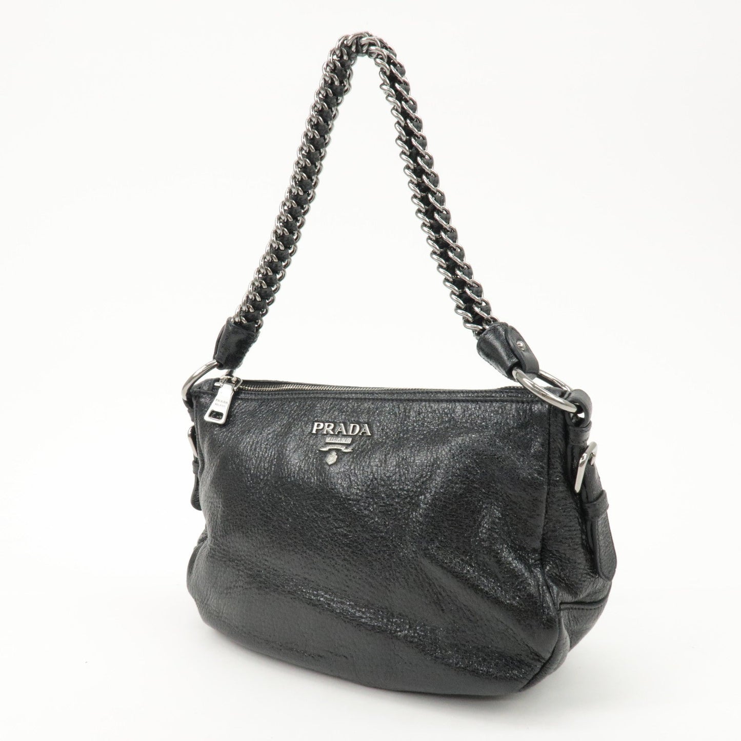 PRADA Logo Leather Chain Shoulder Bag Hand Bag Black BR4370  d