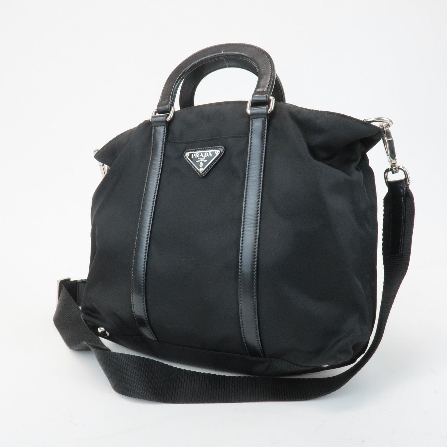 PRADA Triangel Logo Leather Nylon 2Way Bag Tote Bag Black BN1066