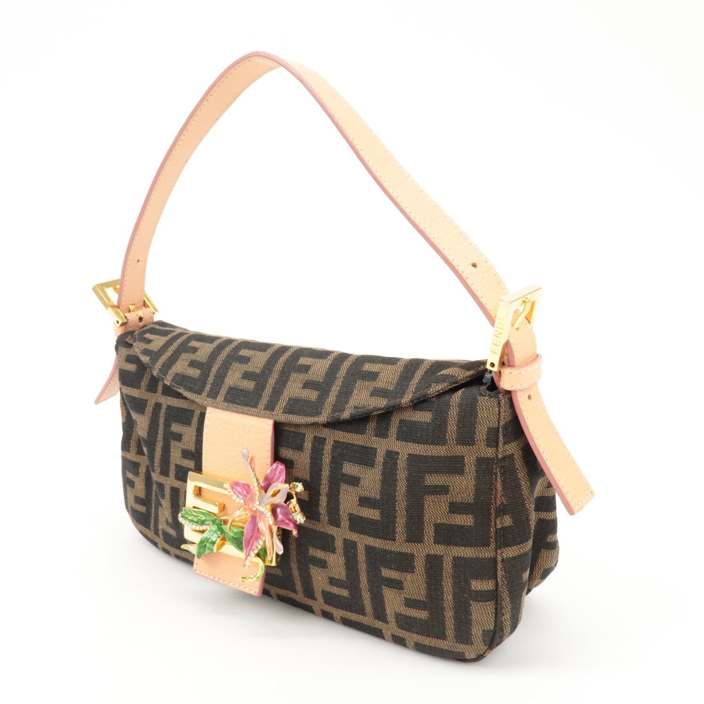 FENDI Zucca Canvas Leather Shoulder Bag Brown Pink Beige 26725  d