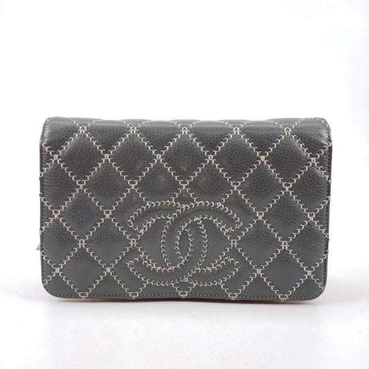 Chanel Wild Stitch Flap Wallet on Chain WOC Grey and Pink Leather