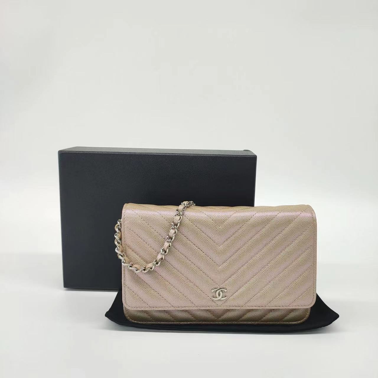 Chanel WOC Wallet on Chain Chevron Champagne Iridescent Leather Bag