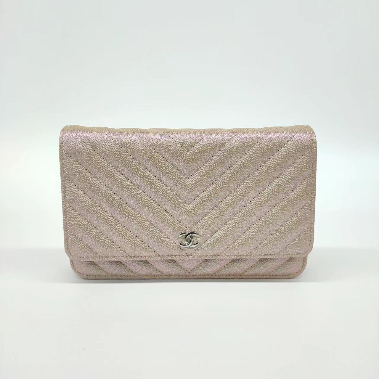 Chanel WOC Wallet on Chain Chevron Champagne Iridescent Leather Bag