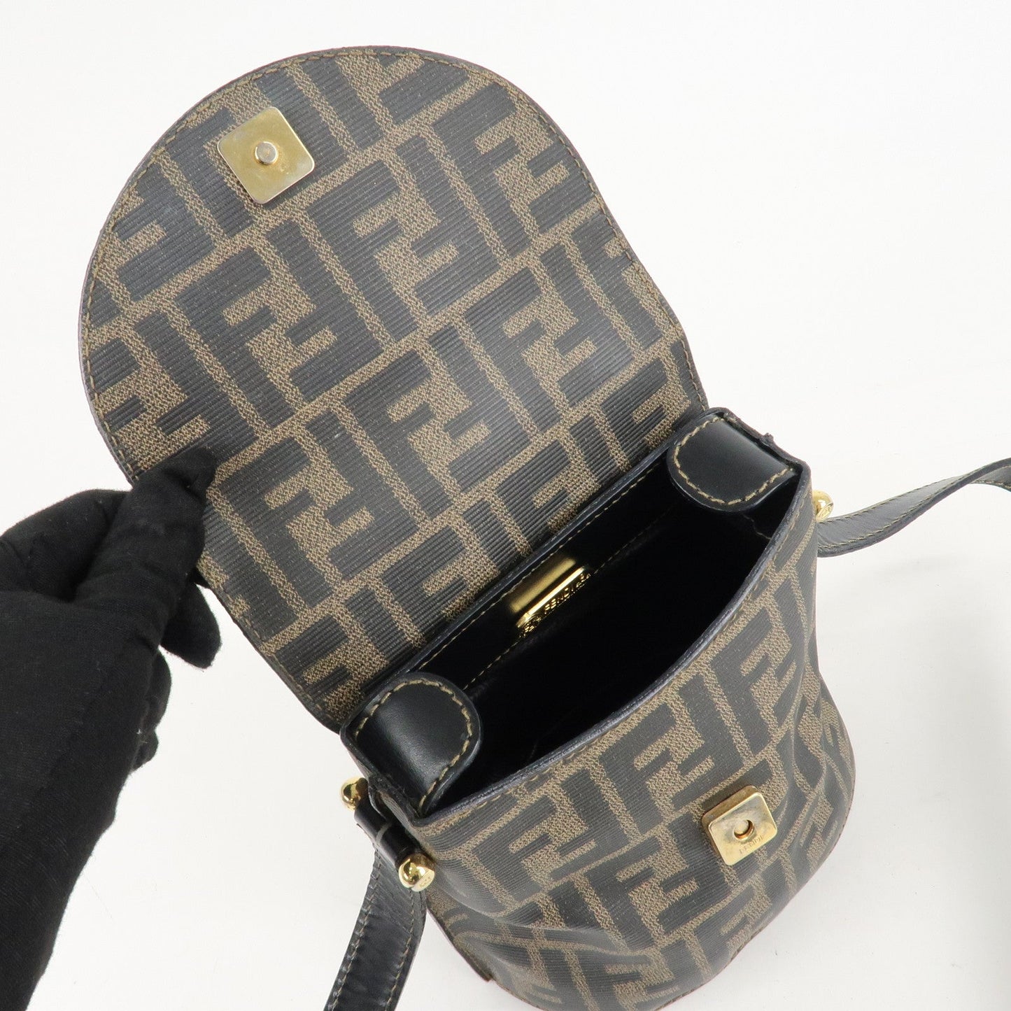 FENDI Zucca Logo Print PVC Leather Shoulder Bag Black Brown  d