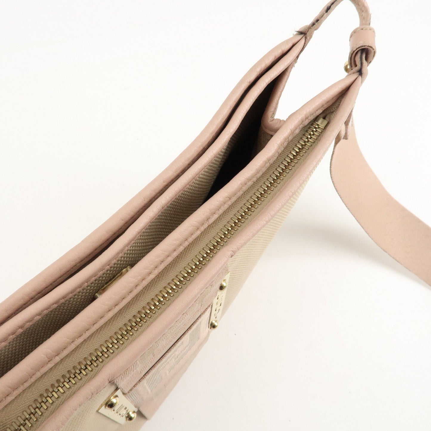 FENDI Logo Canvas Leather Shoulder Bag Beige Pink 8BT084  d