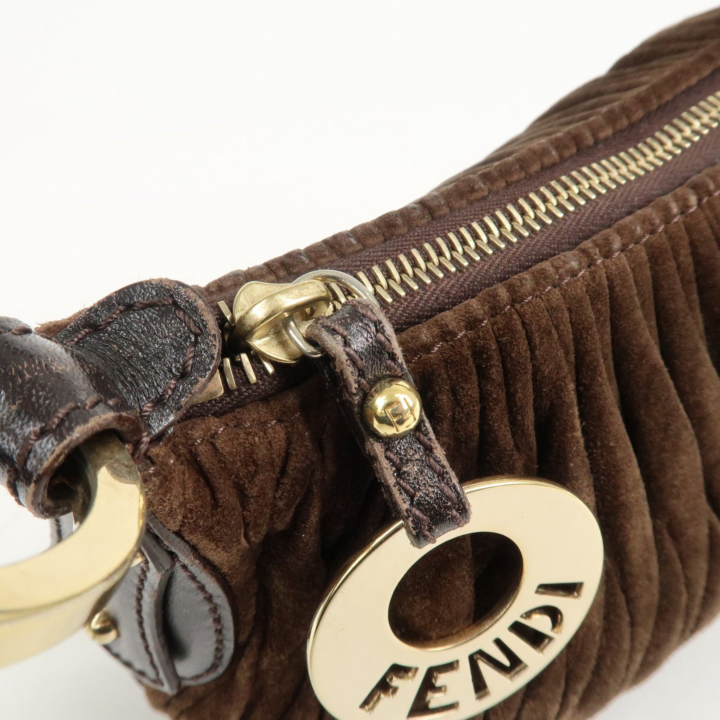 FENDI Suede Leather Gathered Shoulder Bag Dark Brown 8BR454  d