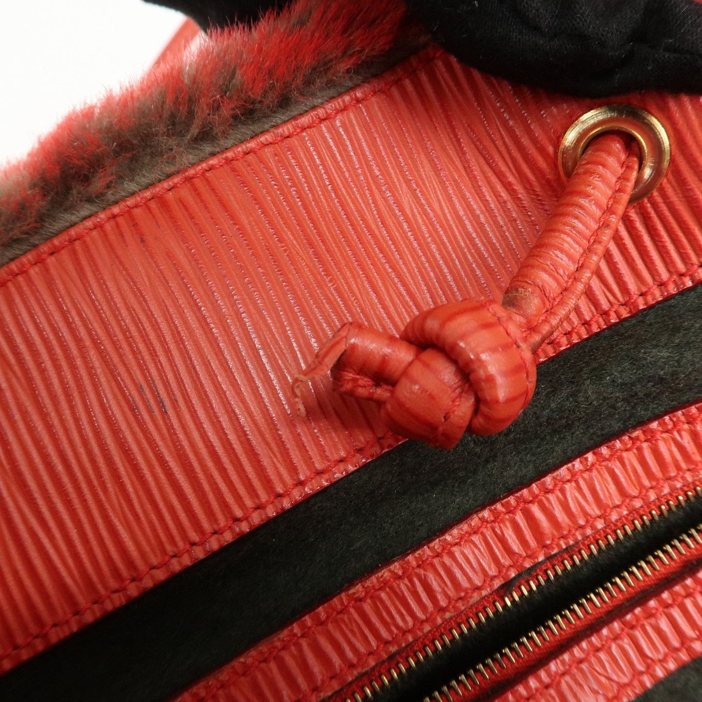 FENDI Leather Fake Fur Shoulder Bag Tote Bag Red  d