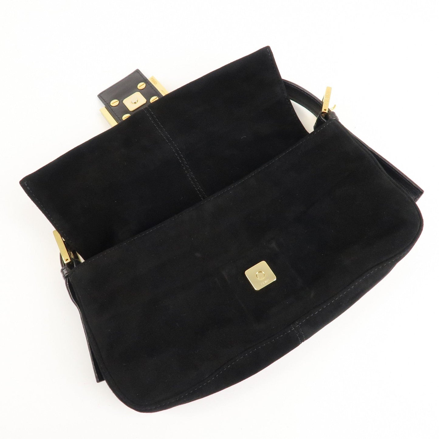 FENDI Mamma Baguette Suede Leather Shoulder Bag Black 26424  d