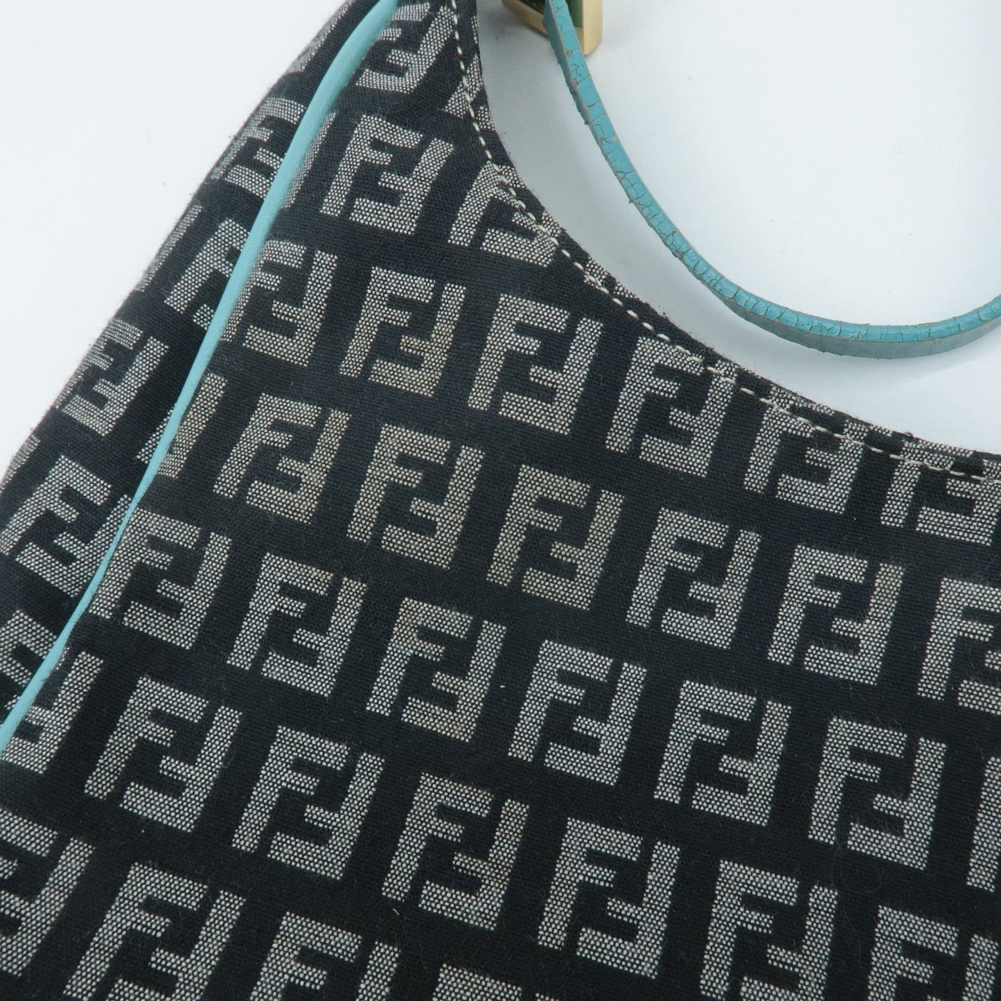 FENDI Zucchino Canvas Leather Shoulder Bag Black White Blue 8BR158  d