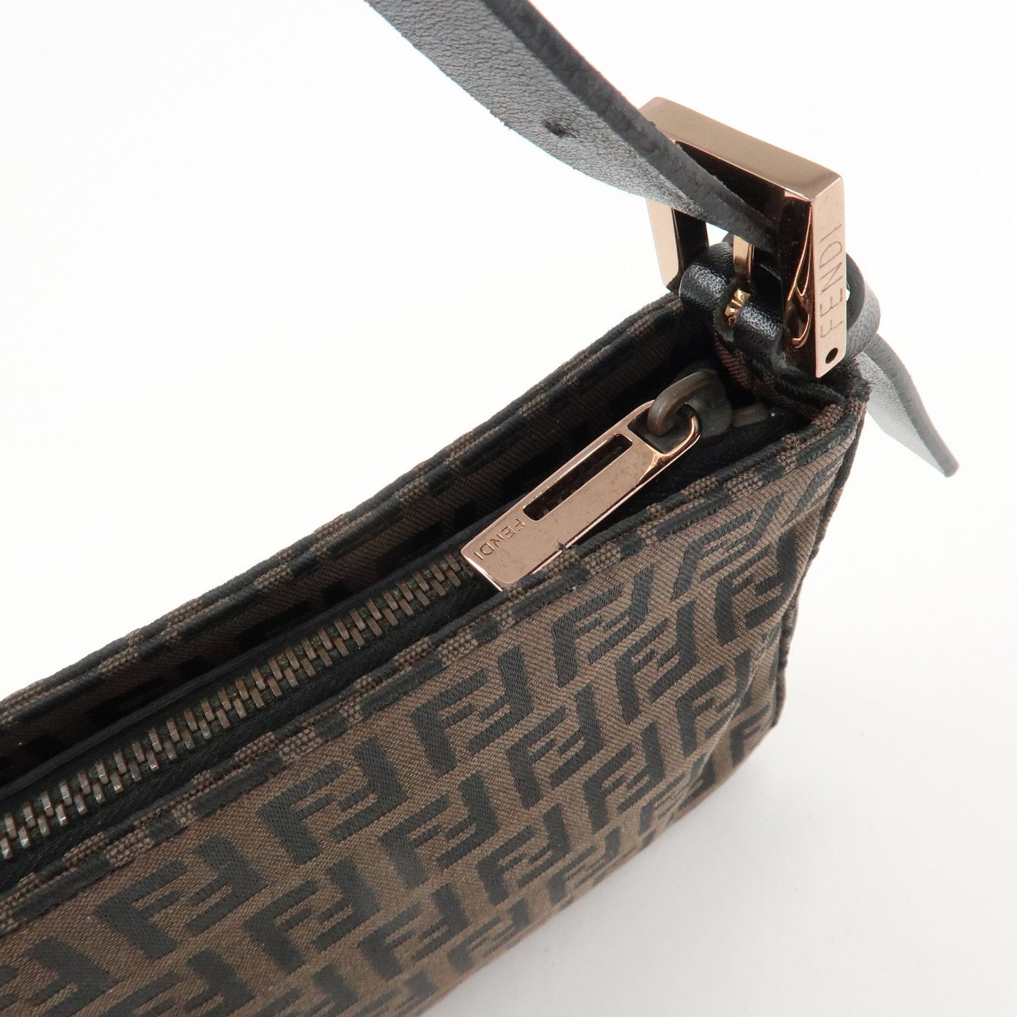 FENDI Zucchino Canvas Leather Shoulder Bag Dark Brown Black 8BR042  d
