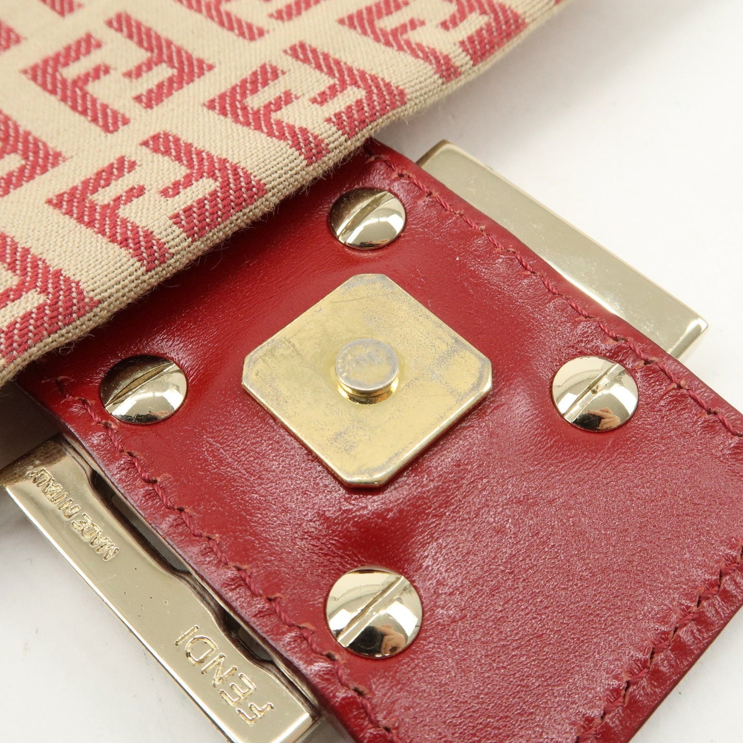 FENDI Zucchino Canvas Leather Shoulder Bag Beige Red 8BT075  d