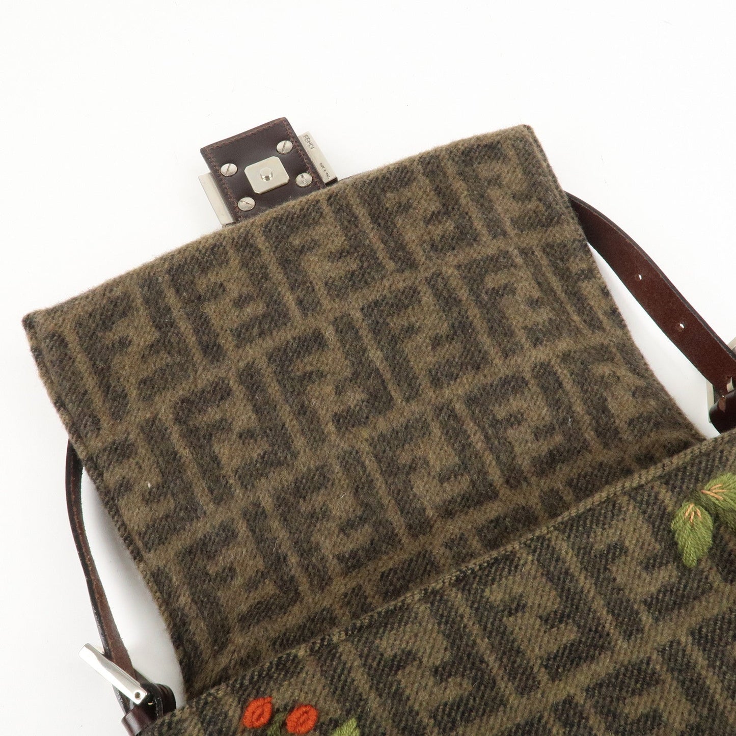 FENDI Mamma Baguette Zucca Wool Leather Shoulder Bag Flower  d