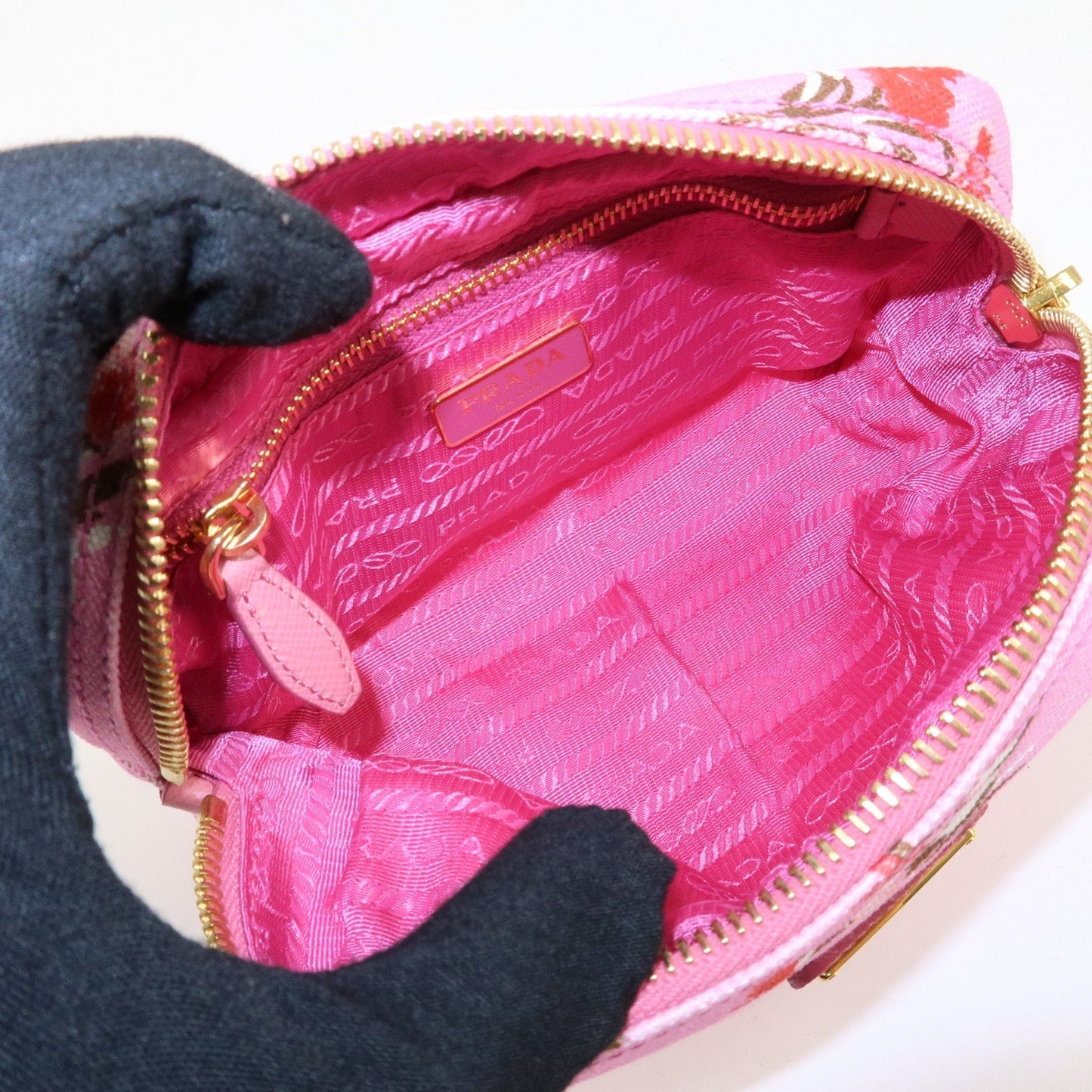 PRADA Canapa Canvas Leather Cosmetic Pouch Flower 1NA021 Pink  d