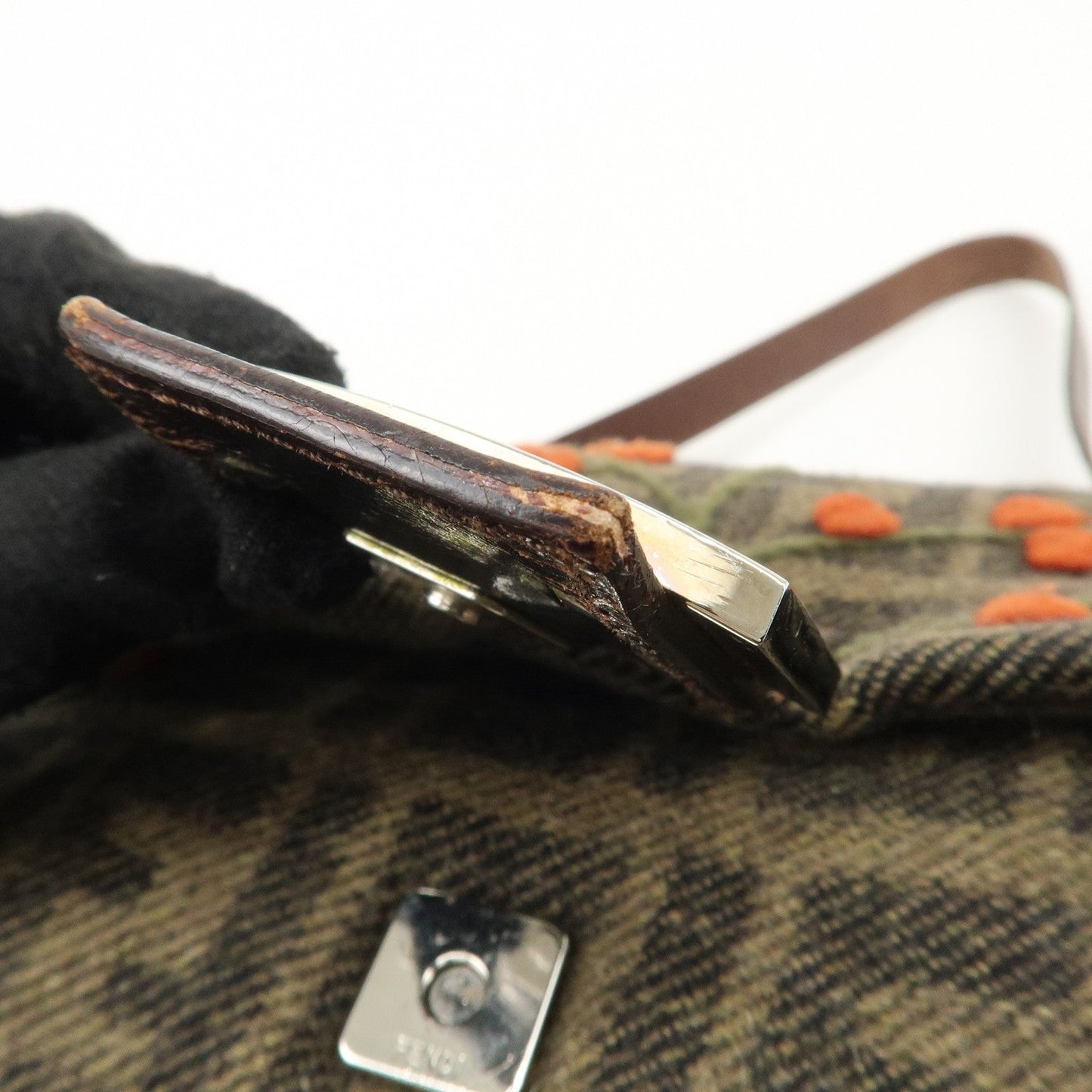 FENDI Mamma Baguette Wool Leather Shoulder Bag Tree Motif Khaki  d