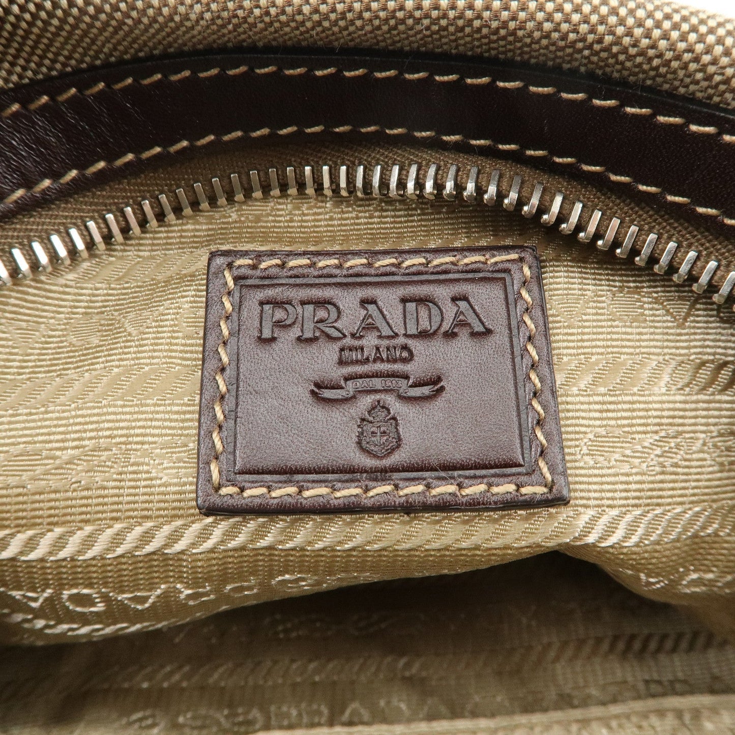 PRADA Logo Jacquard Leather Pouch Beige Brown 1N1298  d