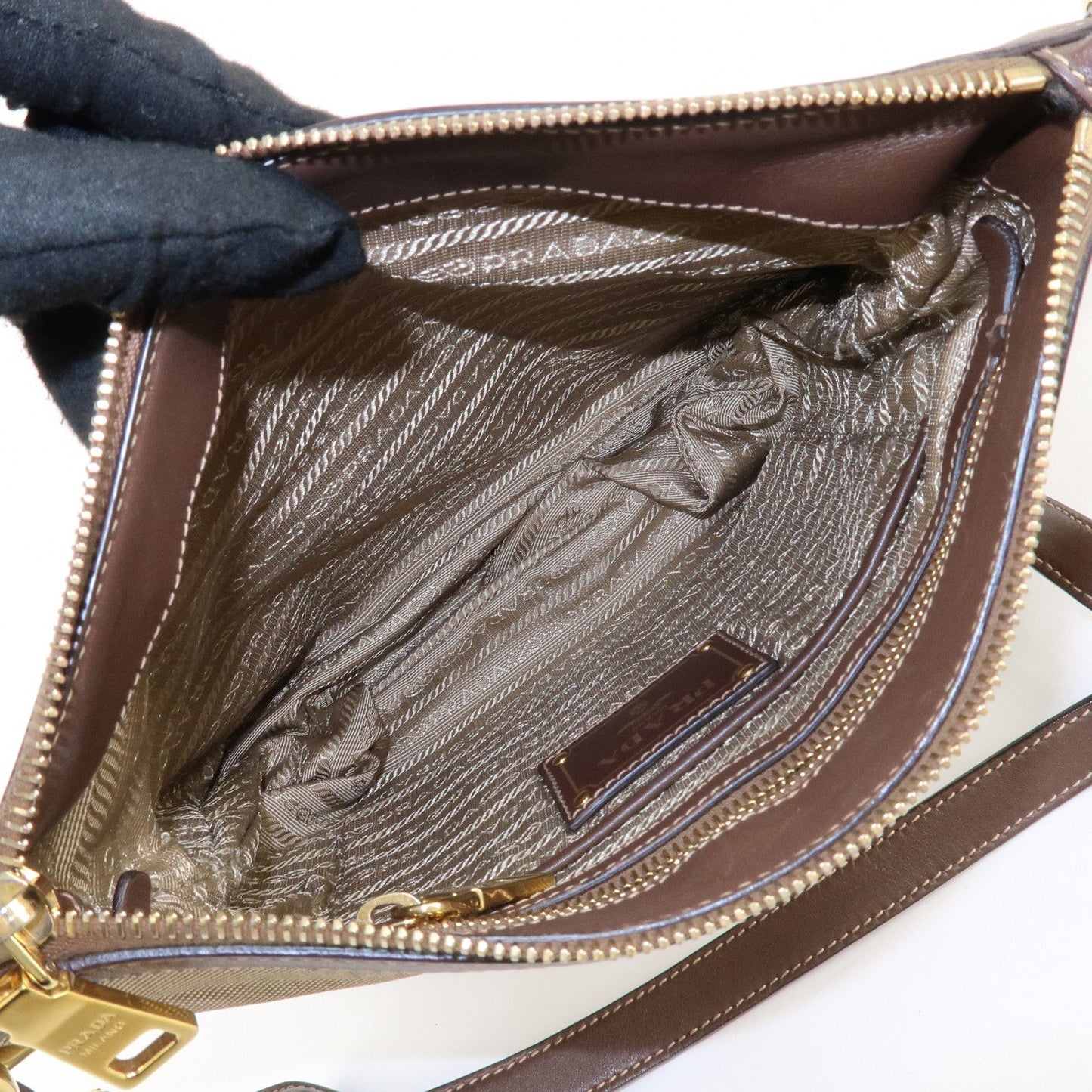 PRADA Jacquard Leather Shoulder Crossbody Bag Beige Brown BT867A  d