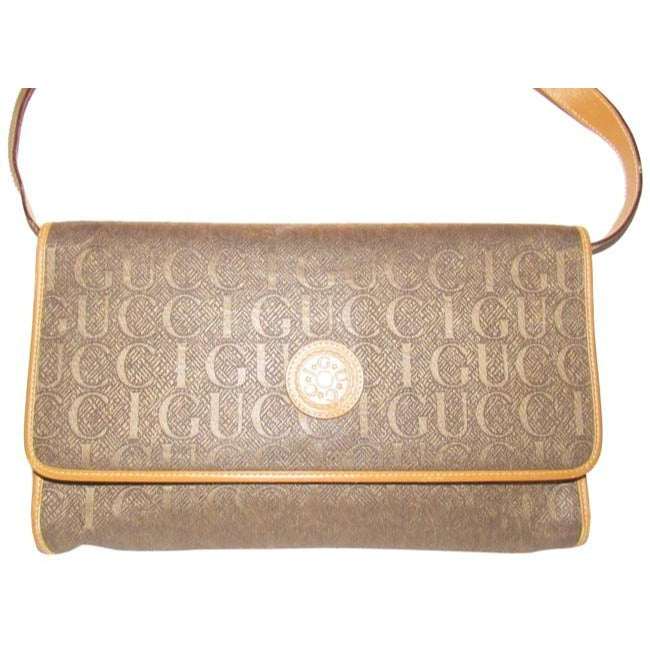 Gucci   Brown Gucci Print Canvas And Camel Leather Shoulder Bag