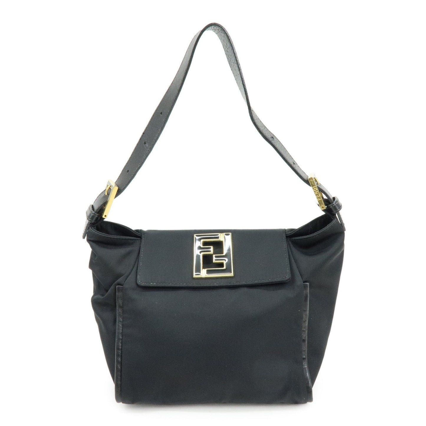 FENDI Nylon Leather Hand Bag Shoulder Bag Black 15333