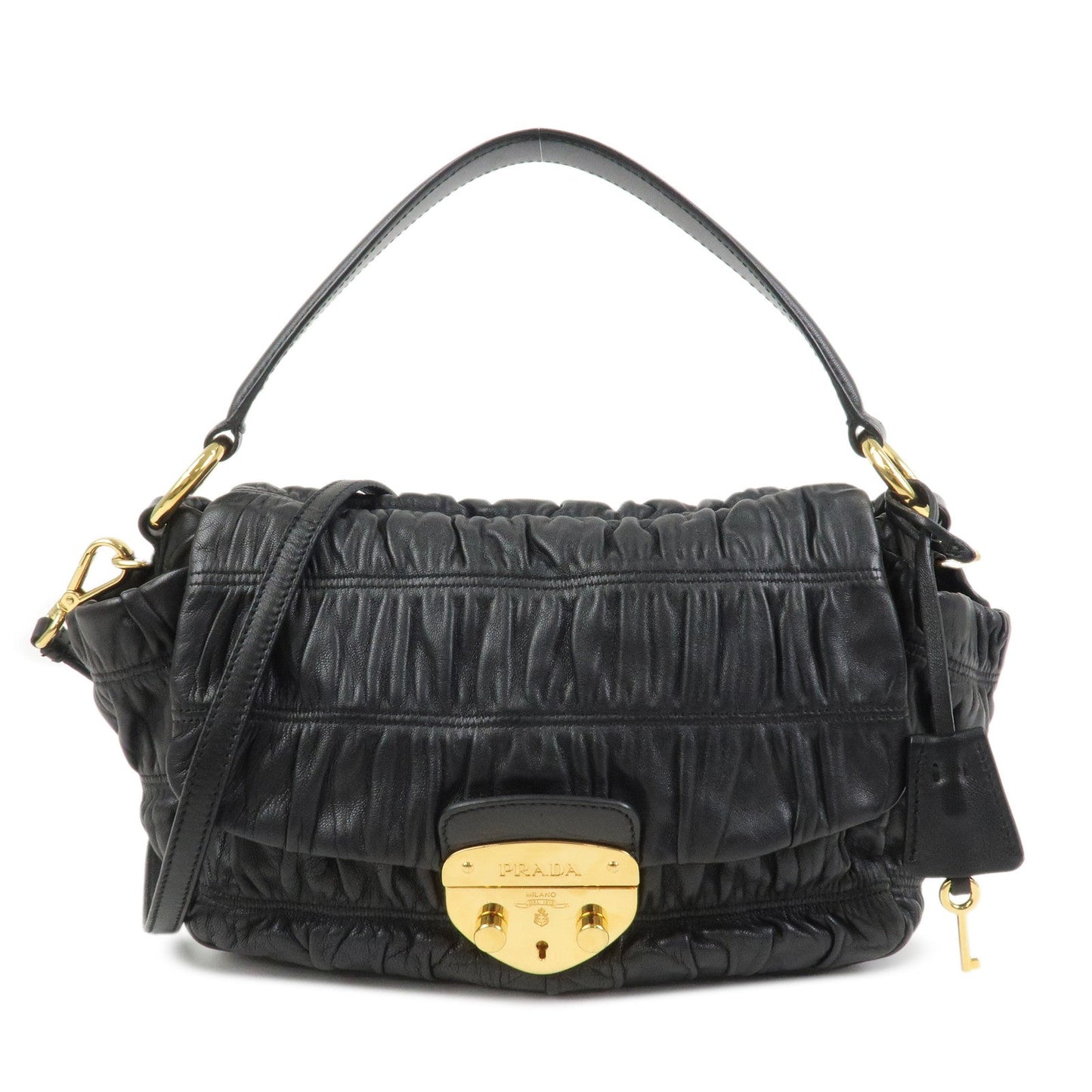 PRADA Logo Gathered Leather 2Way Bag Hand Bag Shoulder Bag Black