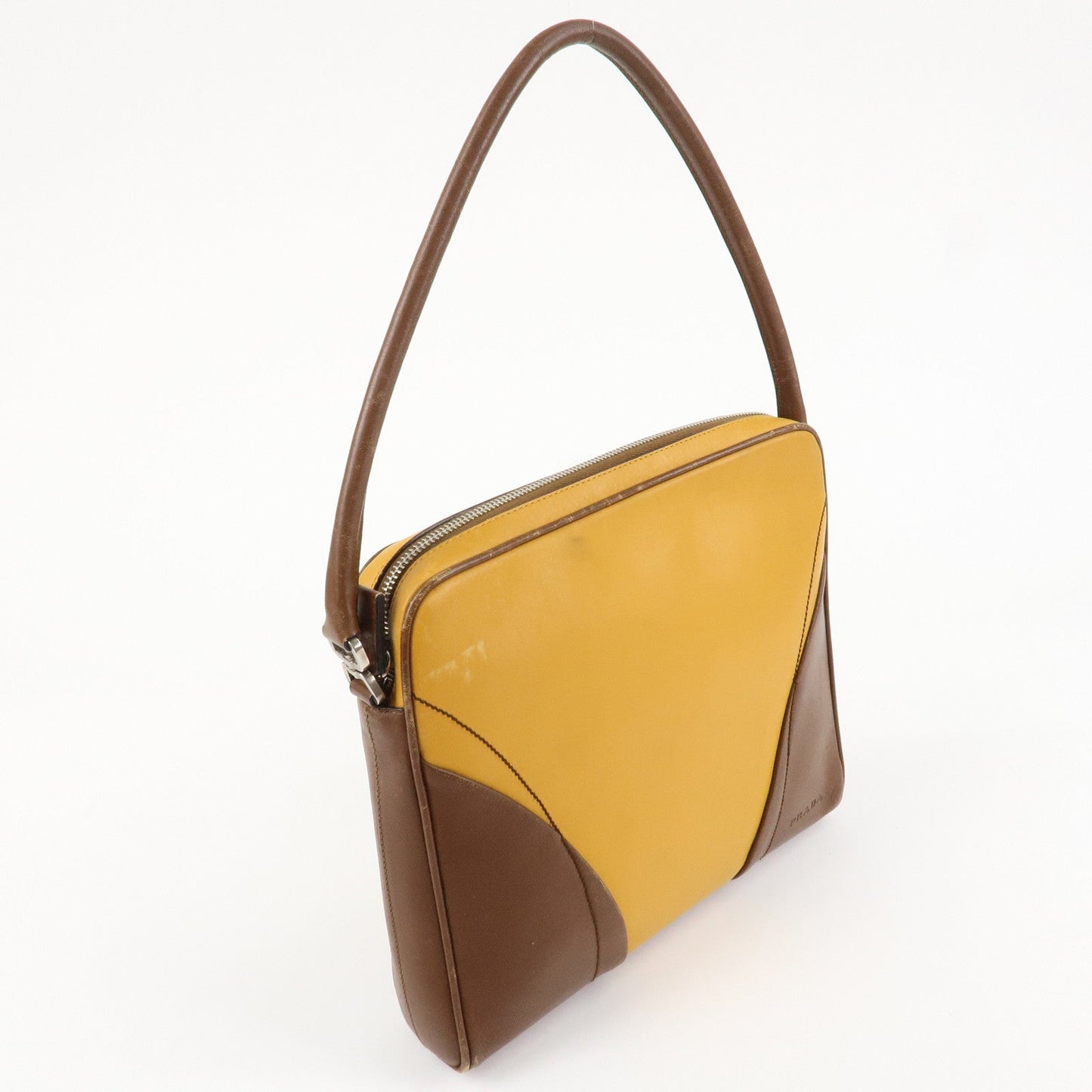 PRADA Leather Shoulder Bag Hand Bag Bi-color Mustard Brown  d