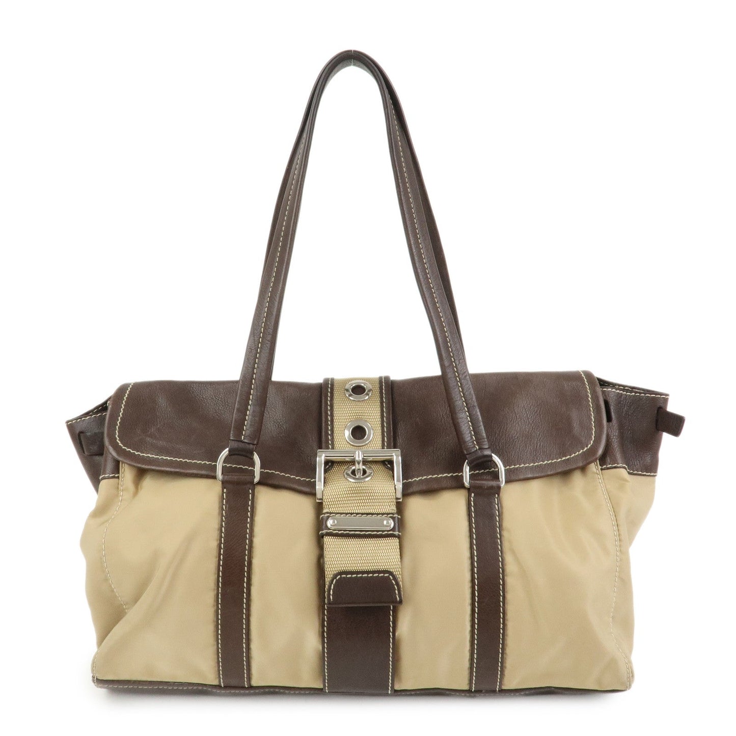 PRADA Triangle Logo Leather Nylon Shoulder Bag Brown BR2418