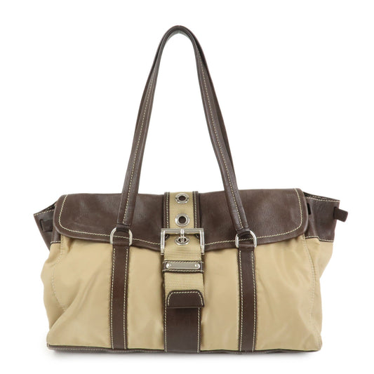 PRADA Triangle Logo Leather Nylon Shoulder Bag Brown BR2418
