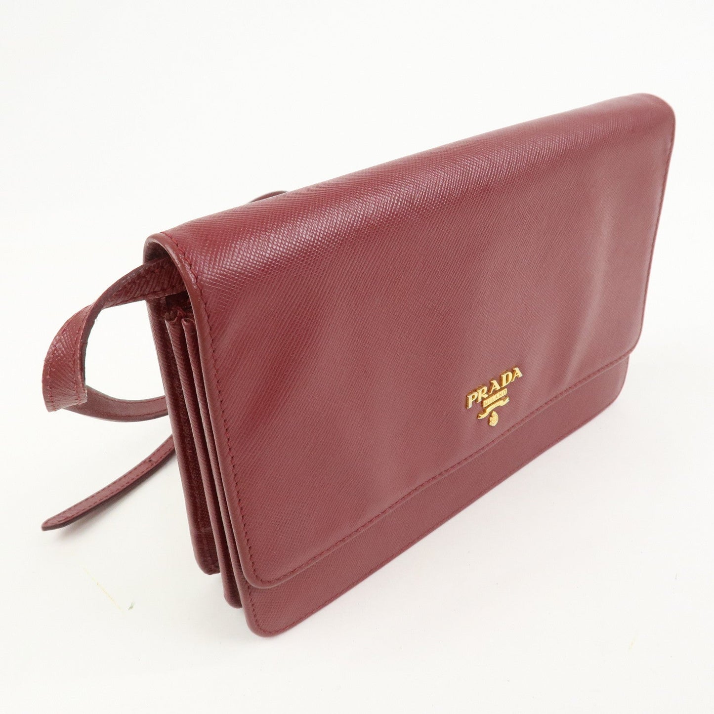 PRADA Saffiano Leather Shoulder Wallet Red Gold BT1019