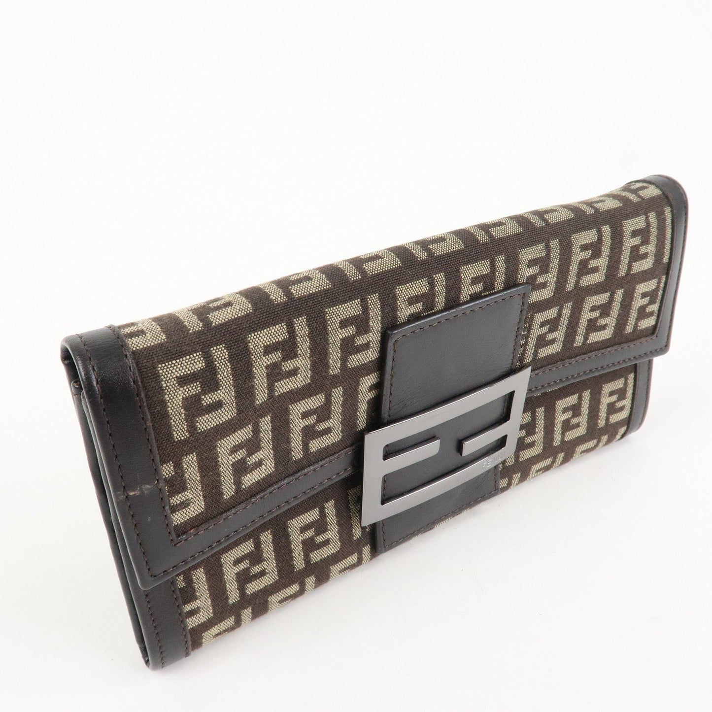 FENDI Zucchino Canvas Leather Bi-Fold Long Wallet Dark Brown 8M0021  d