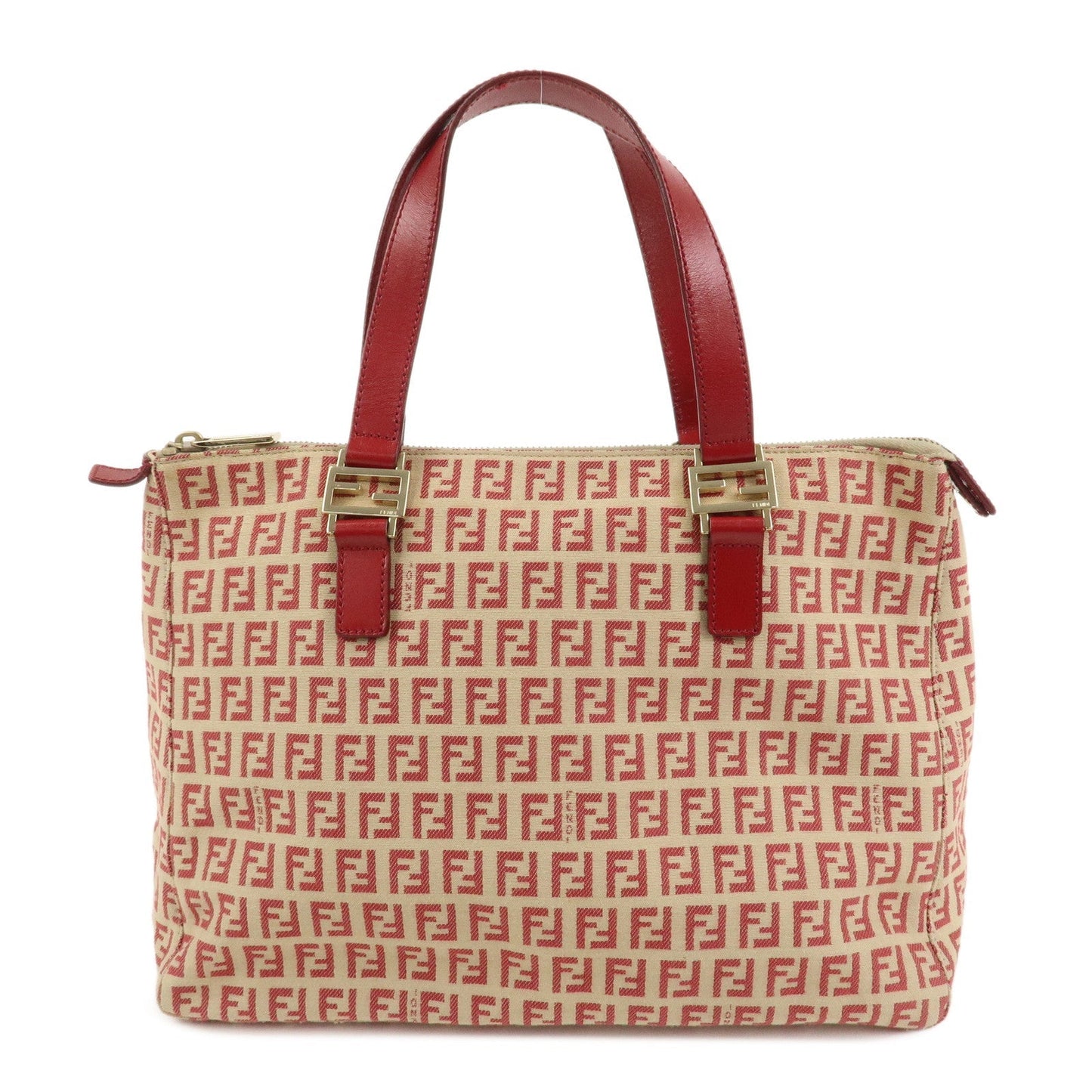 FENDI Zucchino Canvas Leather Tote Bag Hand Bag Beige Red 8BH134