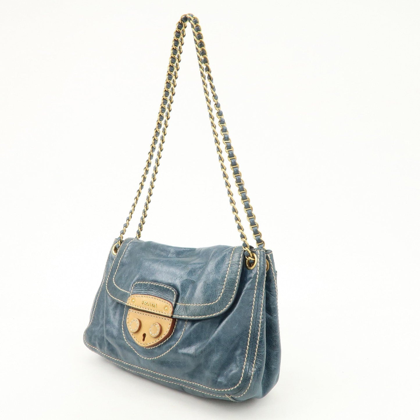 PRADA Leather Chain Shoulder Bag Blue Gold Hardware BR4659  d