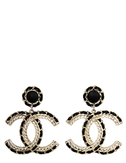 Chanel 2022 Gold/Black Leather Large hanging CC Earrings