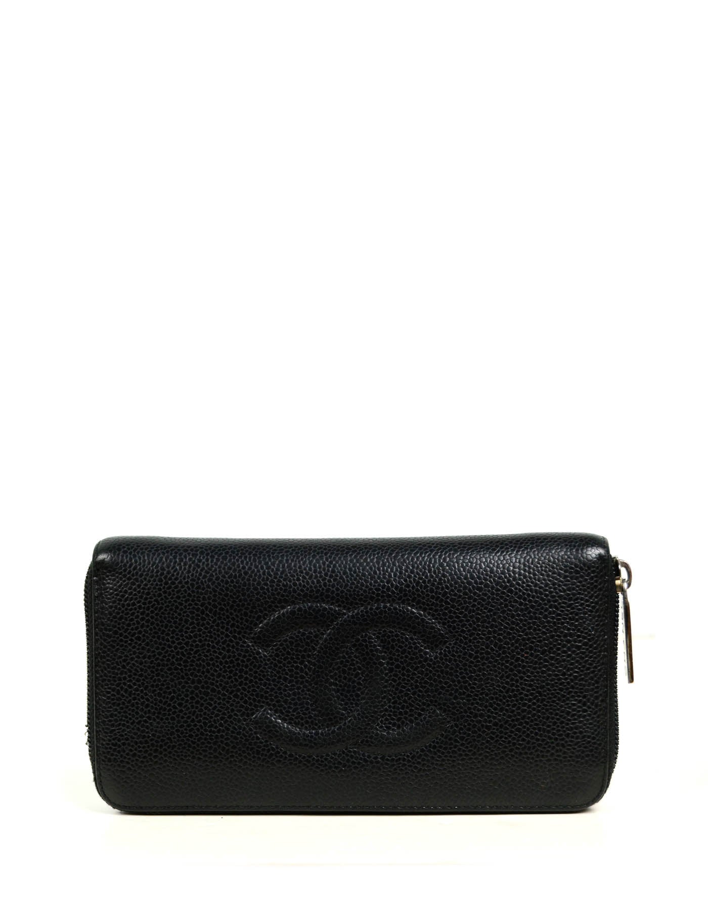 Chanel Black Caviar Leather CC Timeless Zip around Long Wallet
