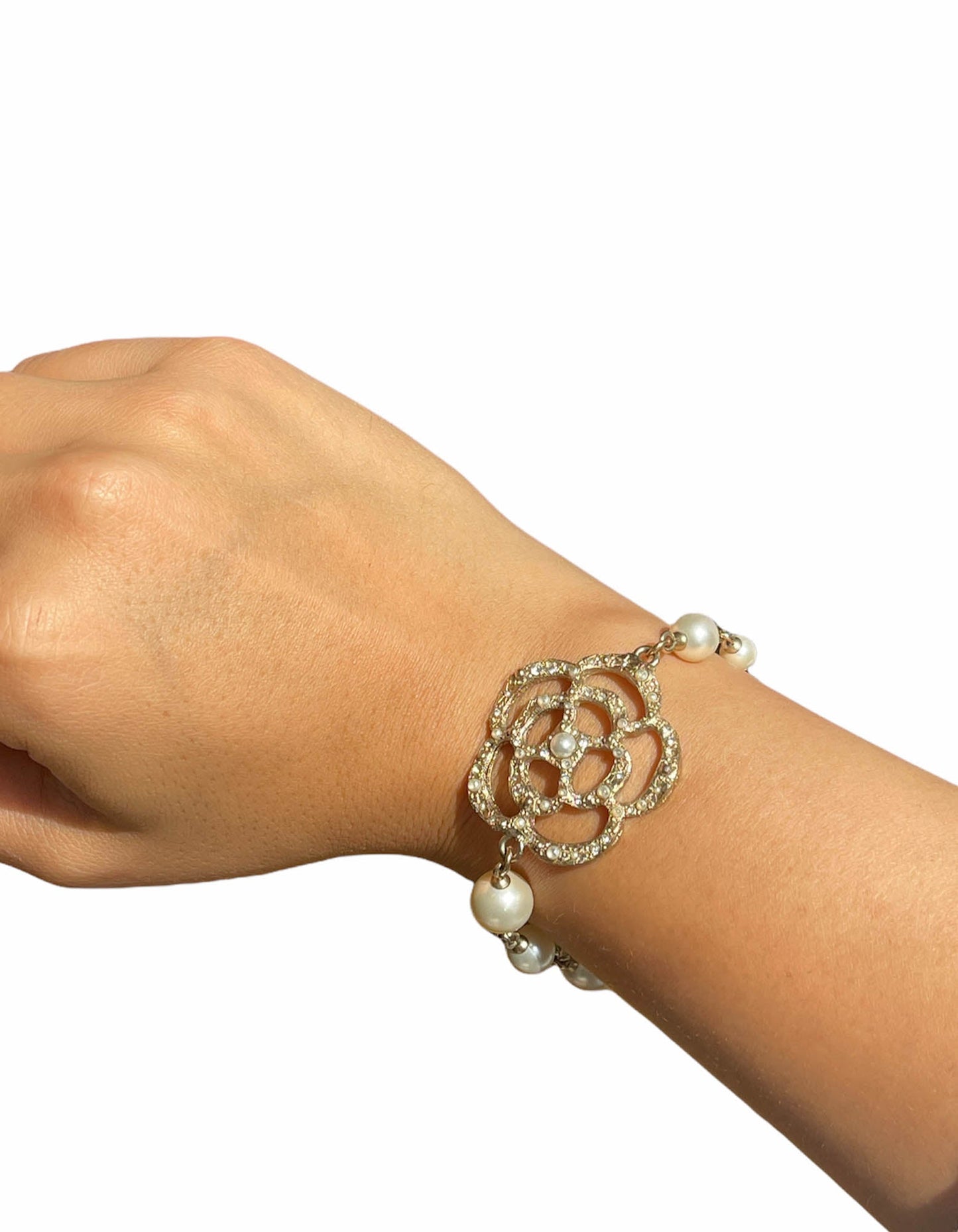 Chanel Gold Camellia and Faux Pearl Bracelet