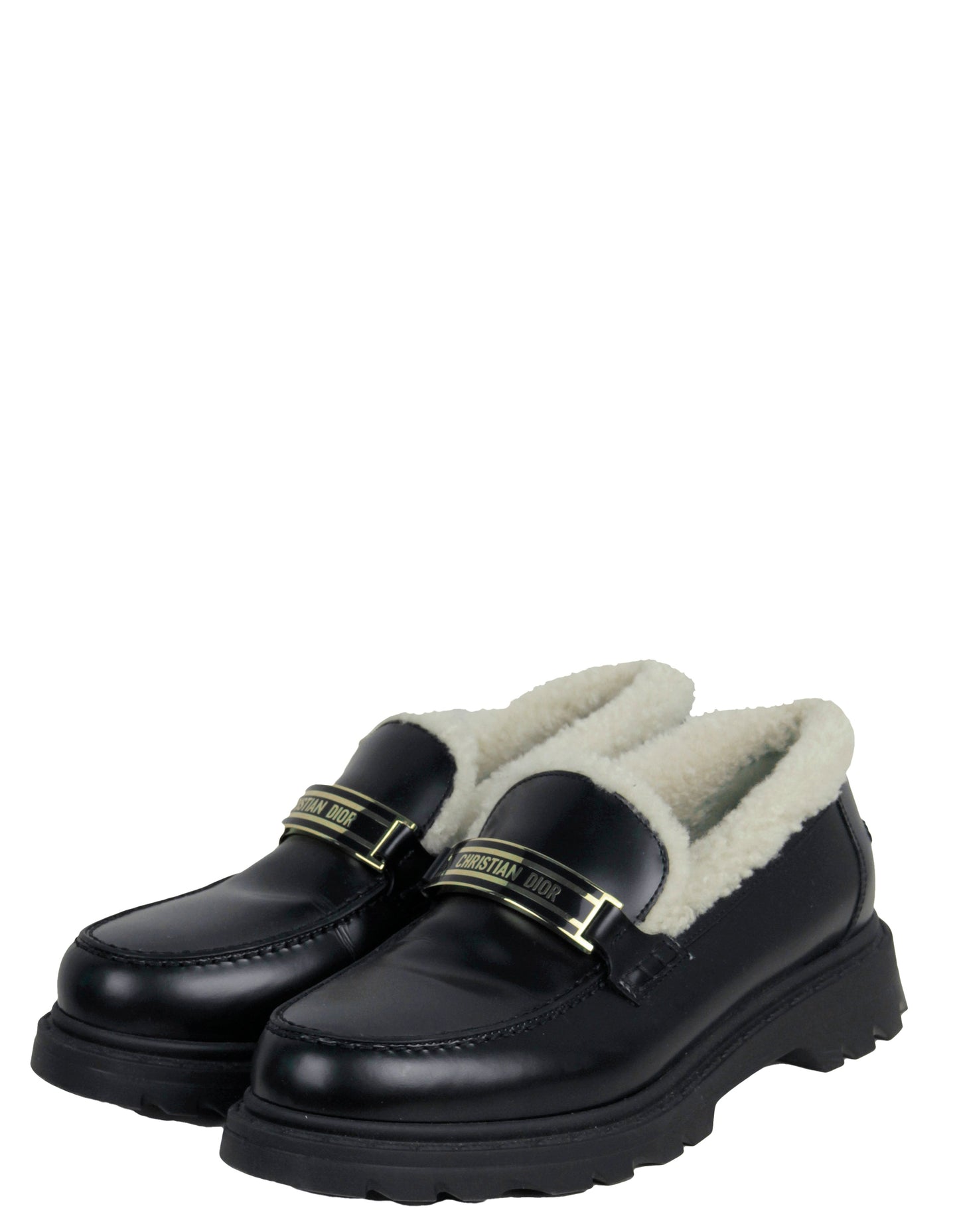 Christian Dior Black Brushed Calfskin & Shearling Dior Code Loafers sz 39.5