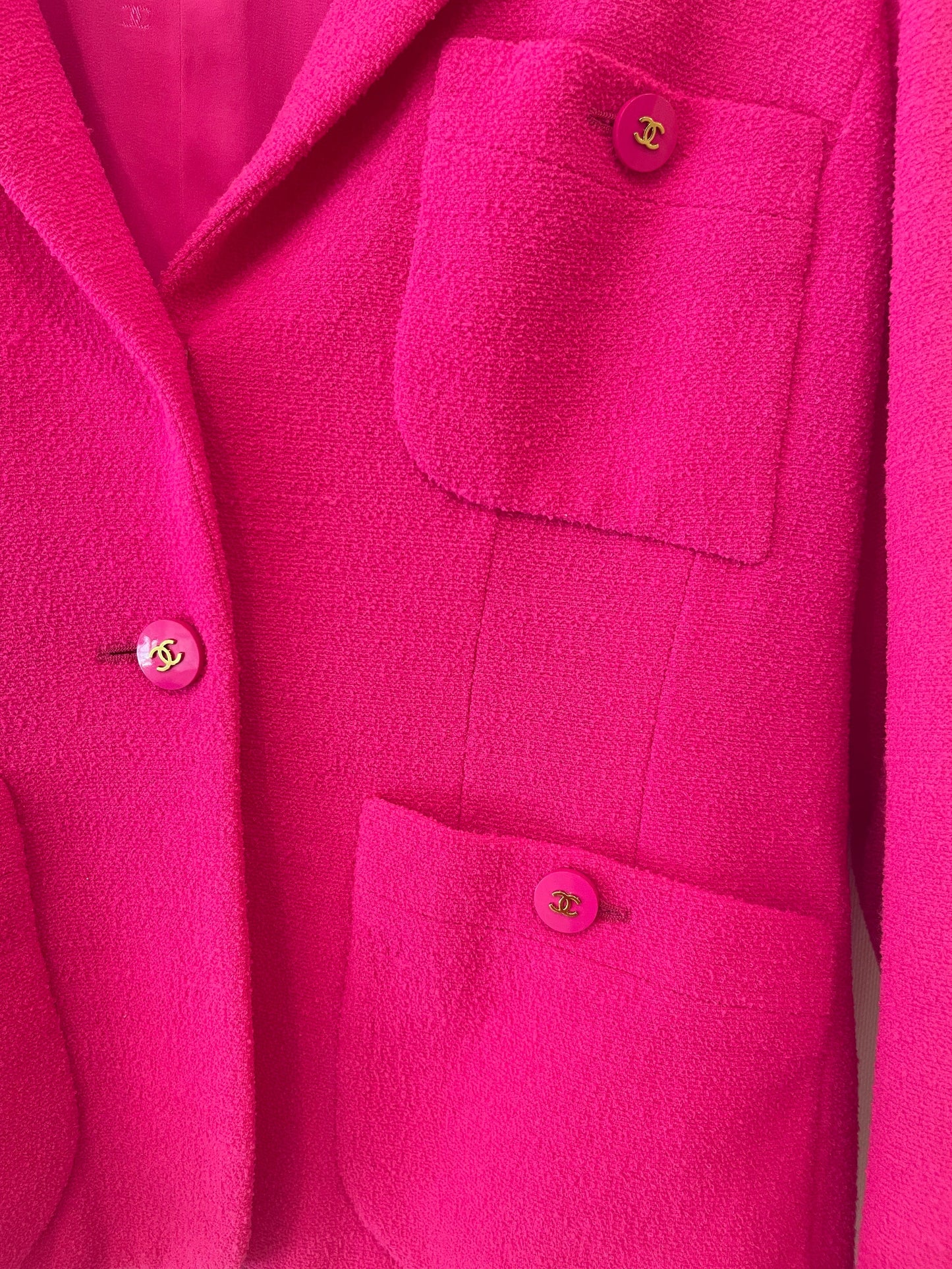 Chanel Hot Pink Spring 1995 Barbie Collection Tweed Jacket with Gold CC Logo Buttons Size FR 38/40( UK 10/12)