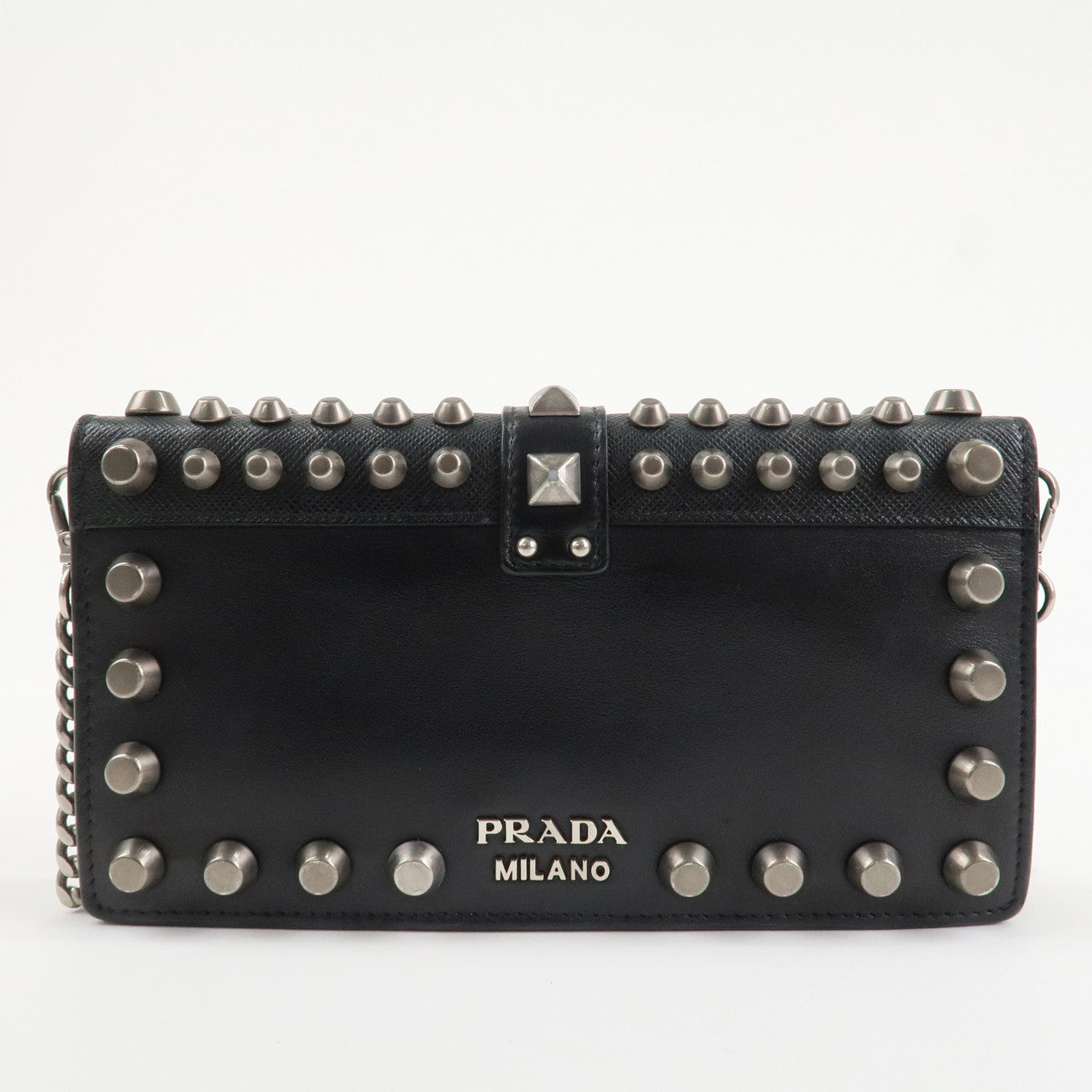 PRADA Leather Studs Chain Wallet Chain Bag Black  d