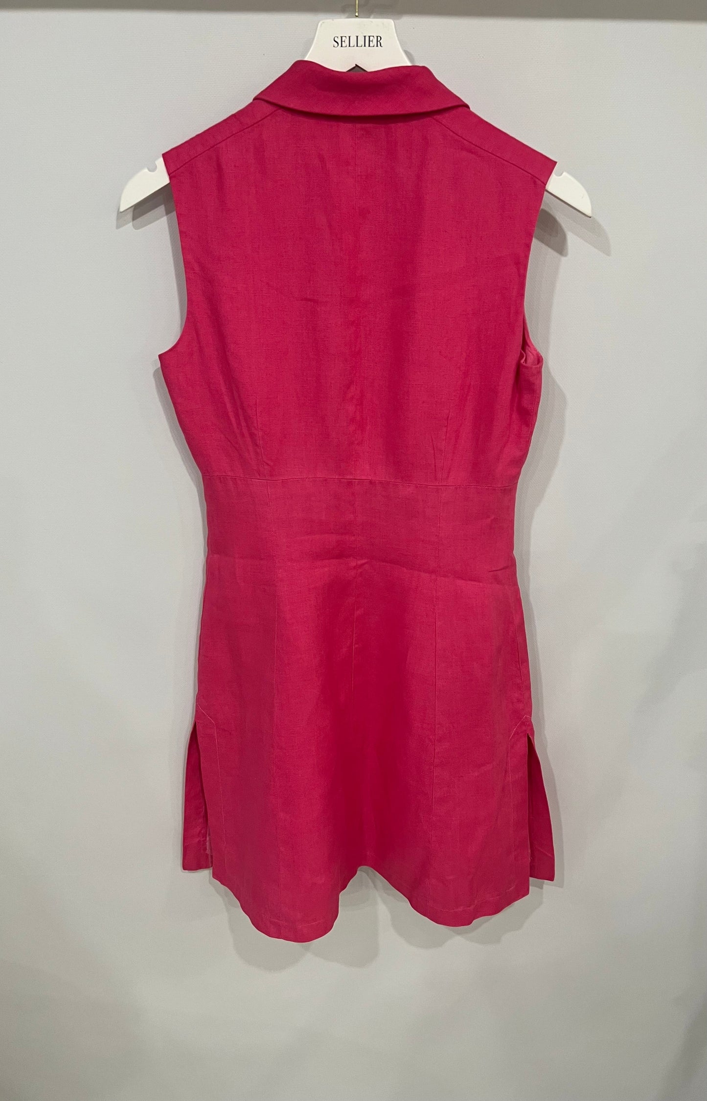 Chanel 95/P   Barbie Pink Linen Mini Dress and Cropped Jacket Set with Gold CC Logo Buttons Size FR 38 (UK 10)